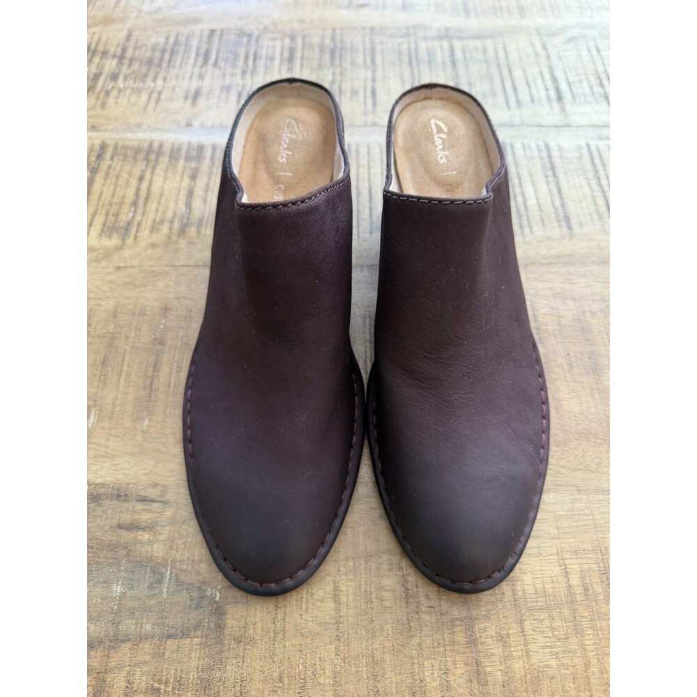 New Clarks Spiced Isla Maroon‎ Leather Block Heel Mules Size 10M Cushion